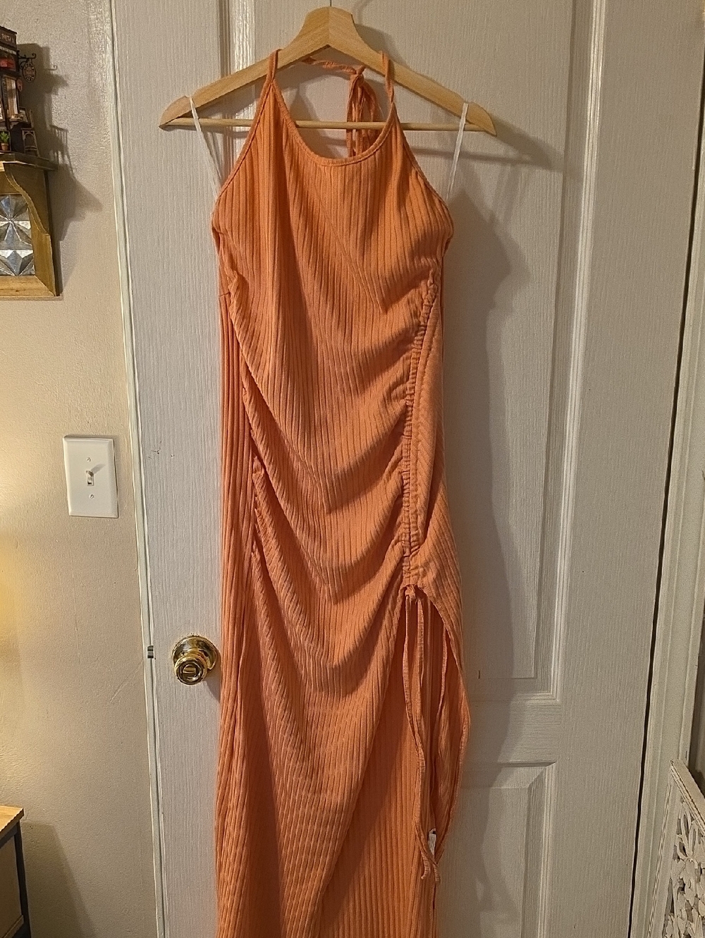 SHEIN Orange Ribbed Halter Maxi Dress with Side Ruched Detail